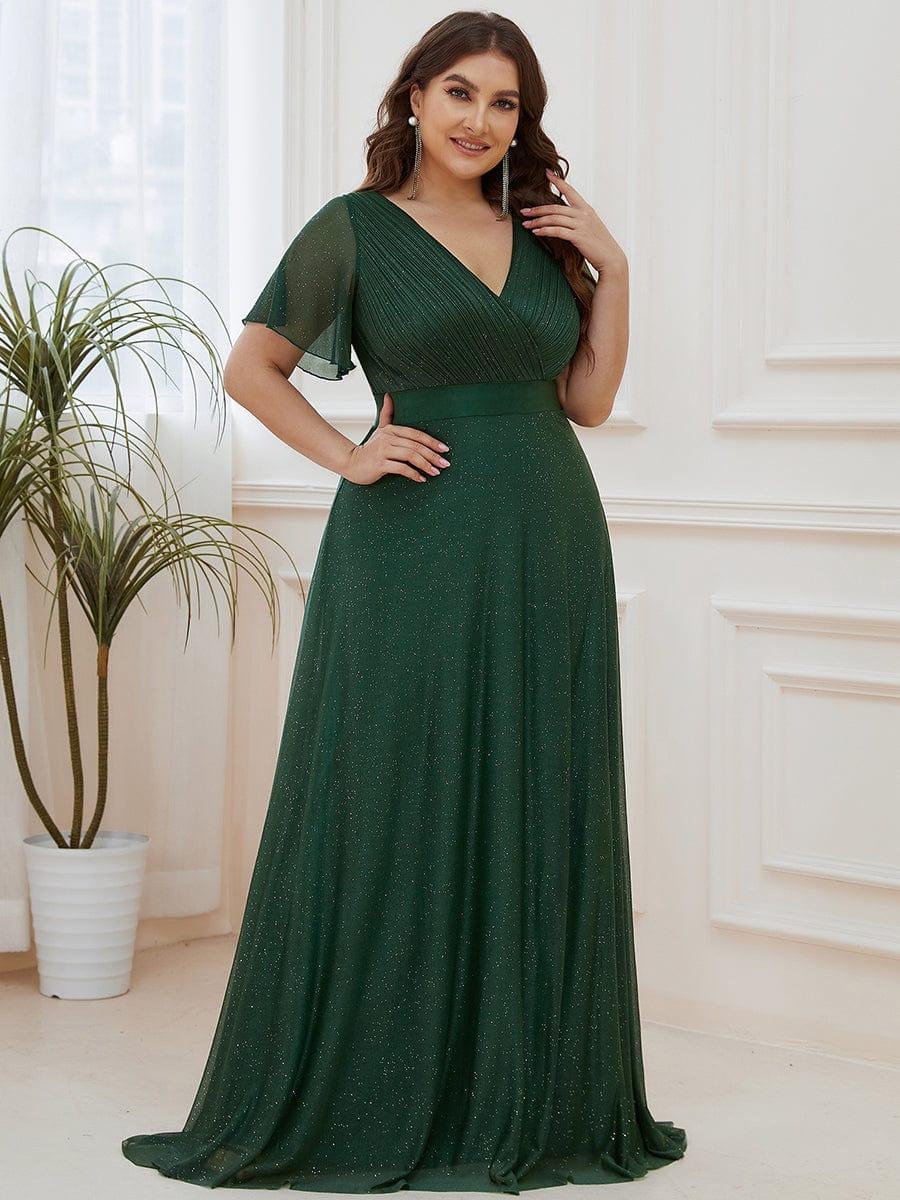 Plus Size Sequin Empire Waist A-Line Evening Dress#color_Dark Green