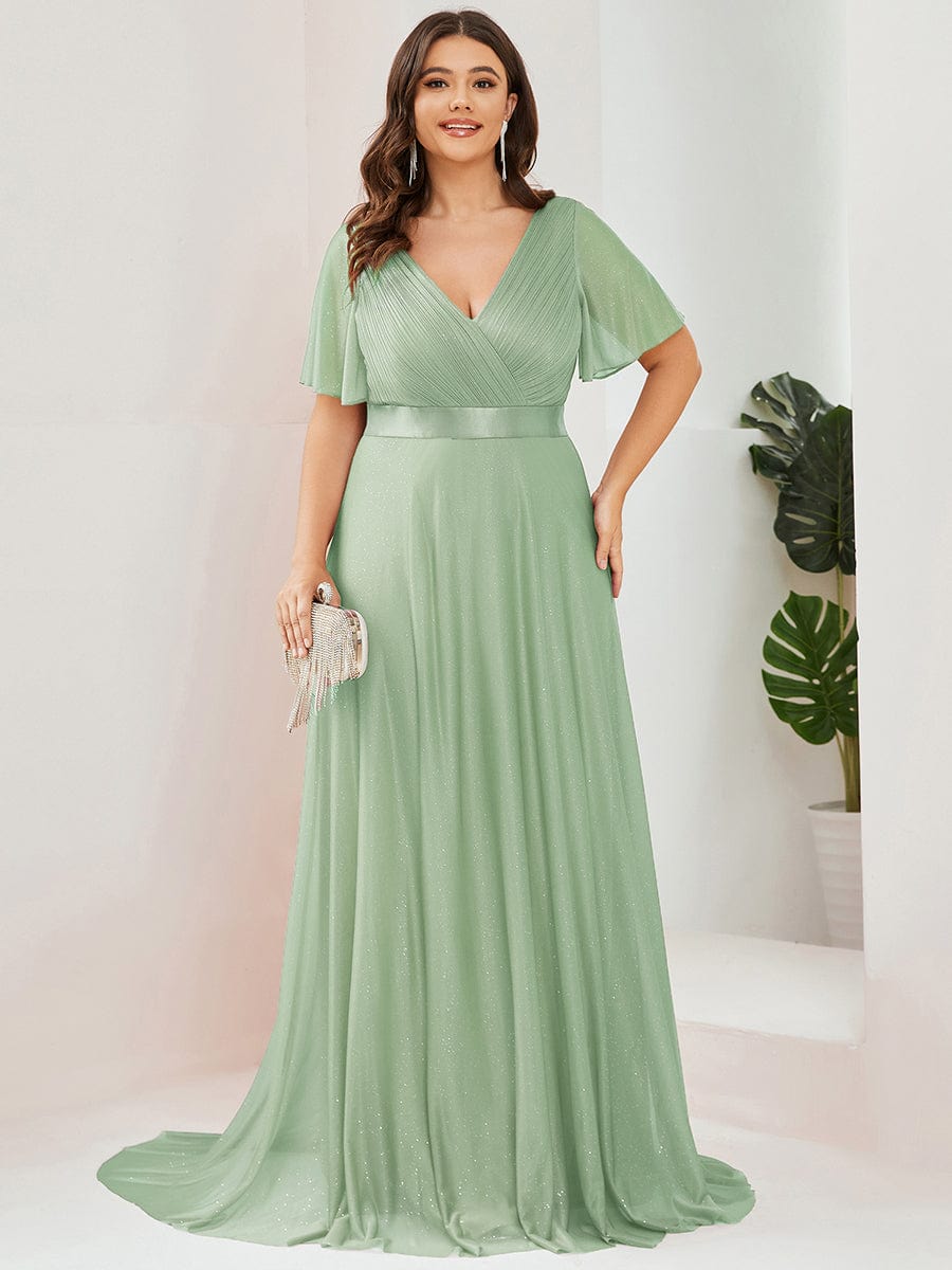 Plus Size Sequin Empire Waist A-Line Evening Dress #color_Mint Green