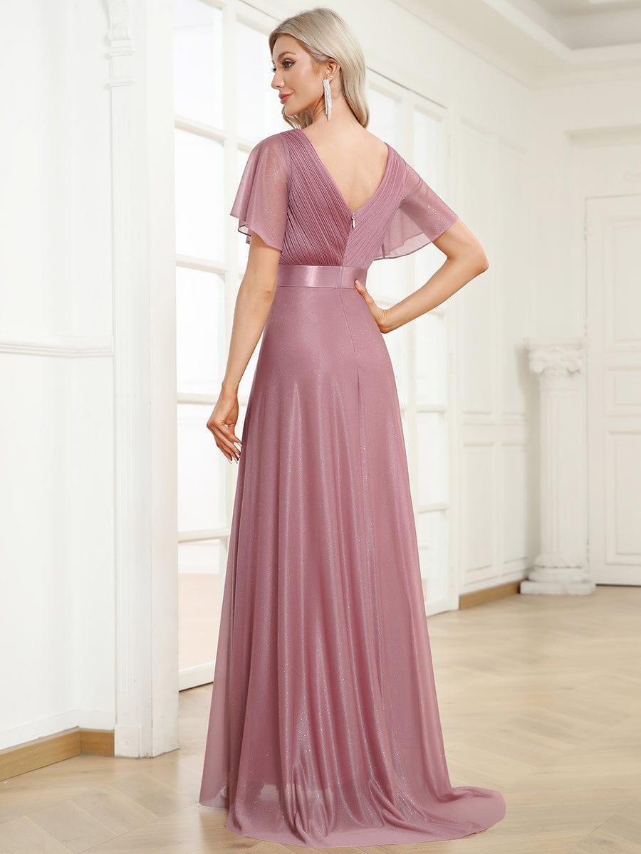 Elegant V-Neck Pleated A-Line Bridesmaid Dress with Short Sleeves