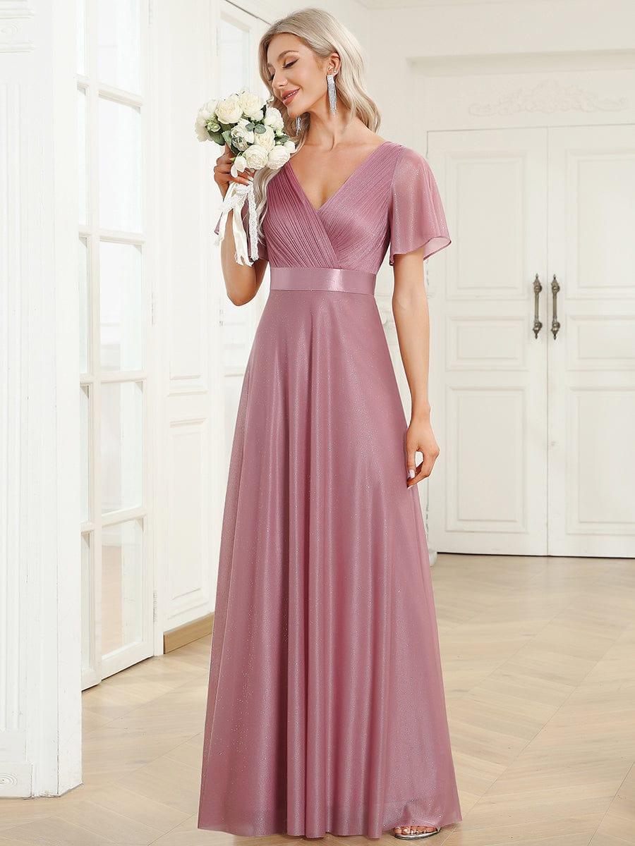 Elegant V-Neck Pleated A-Line Bridesmaid Dress with Short Sleeves