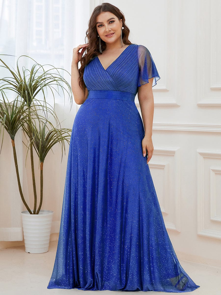 Plus Size Sequin Empire Waist A-Line Evening Dress#color_Sapphire Blue