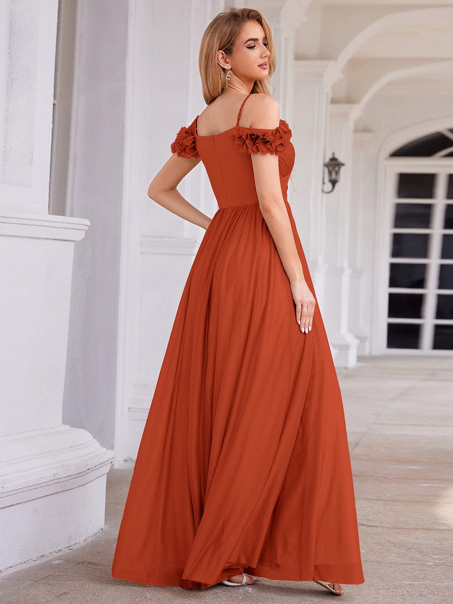 Pleated A-Line Evening Dress with Floral Cold-Shoulder