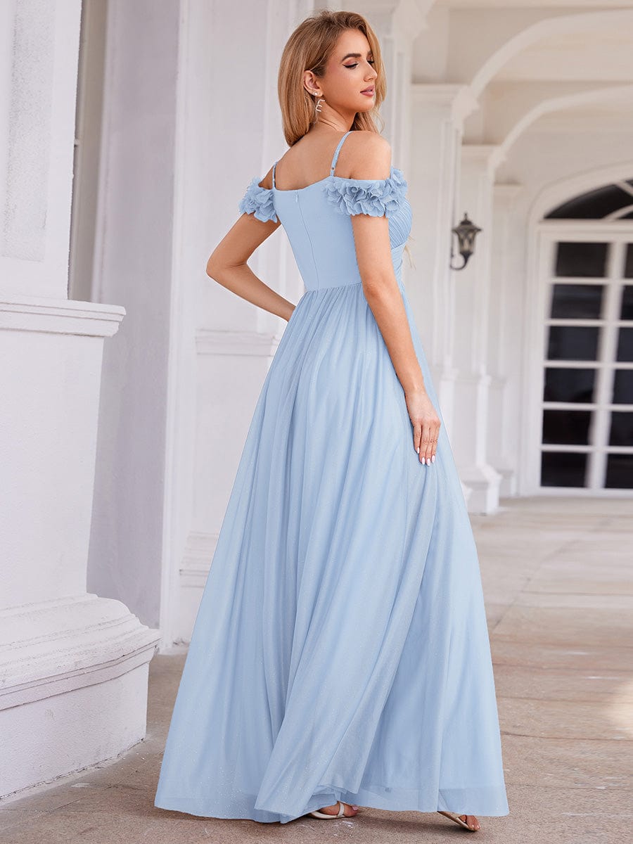 Pleated A-Line Evening Dress with Floral Cold-Shoulder
