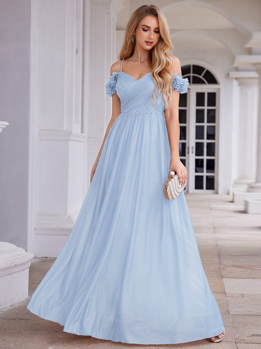 Pleated A-Line Evening Dress with Floral Cold-Shoulder