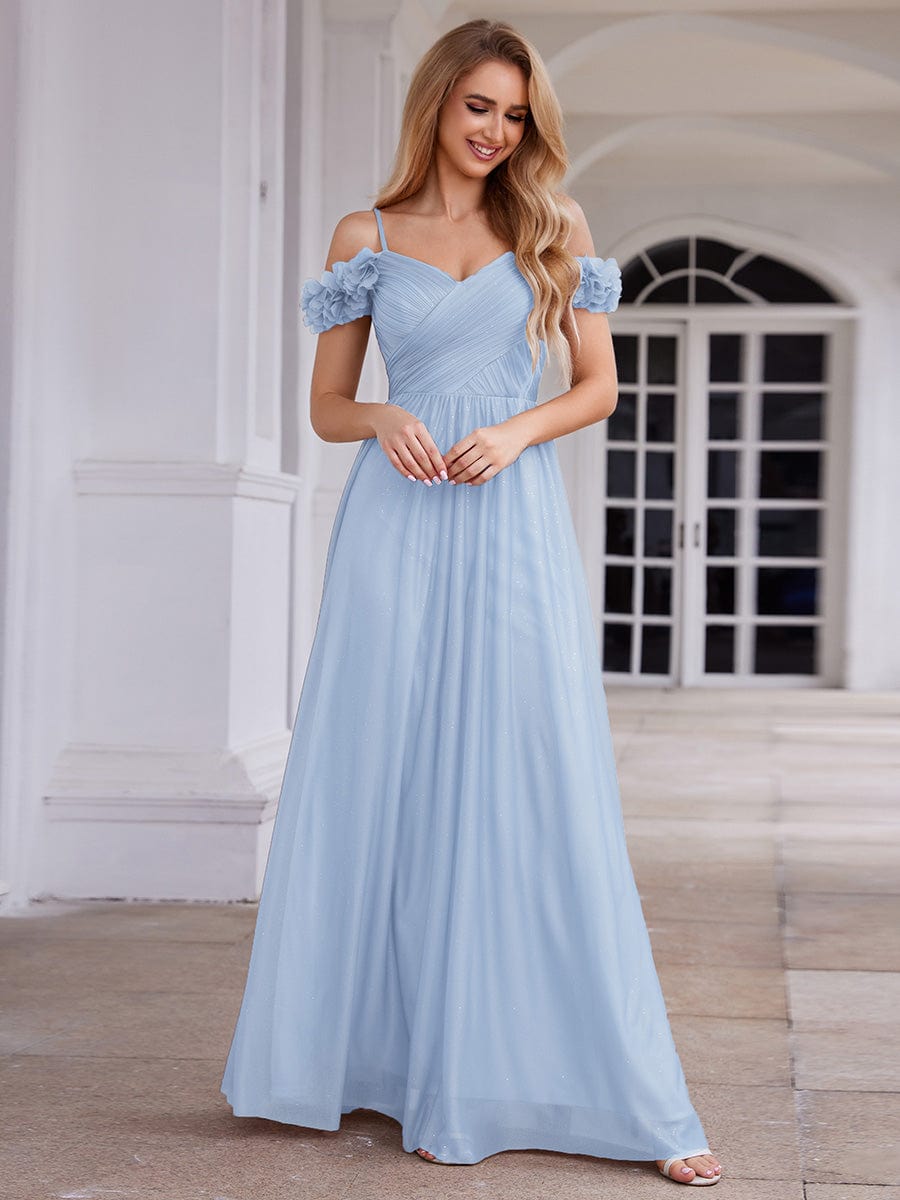 Pleated A-Line Evening Dress with Floral Cold-Shoulder
