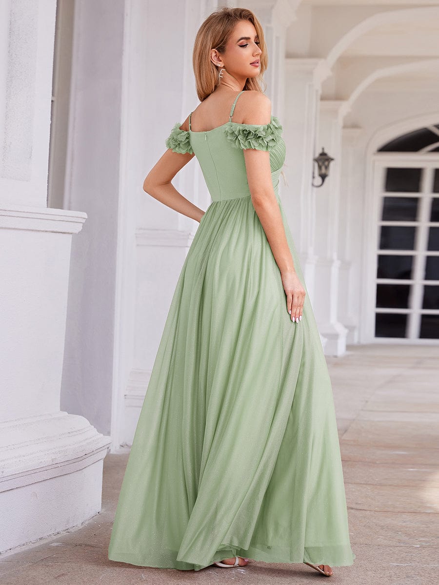 Pleated A-Line Evening Dress with Floral Cold-Shoulder