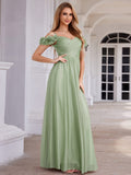 Pleated A-Line Evening Dress with Floral Cold-Shoulder