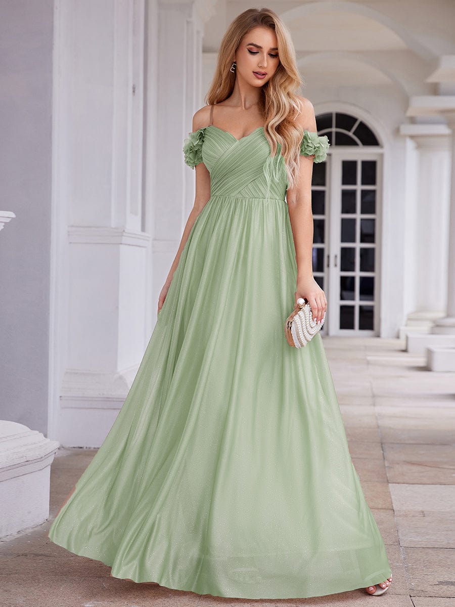 Pleated A-Line Evening Dress with Floral Cold-Shoulder
