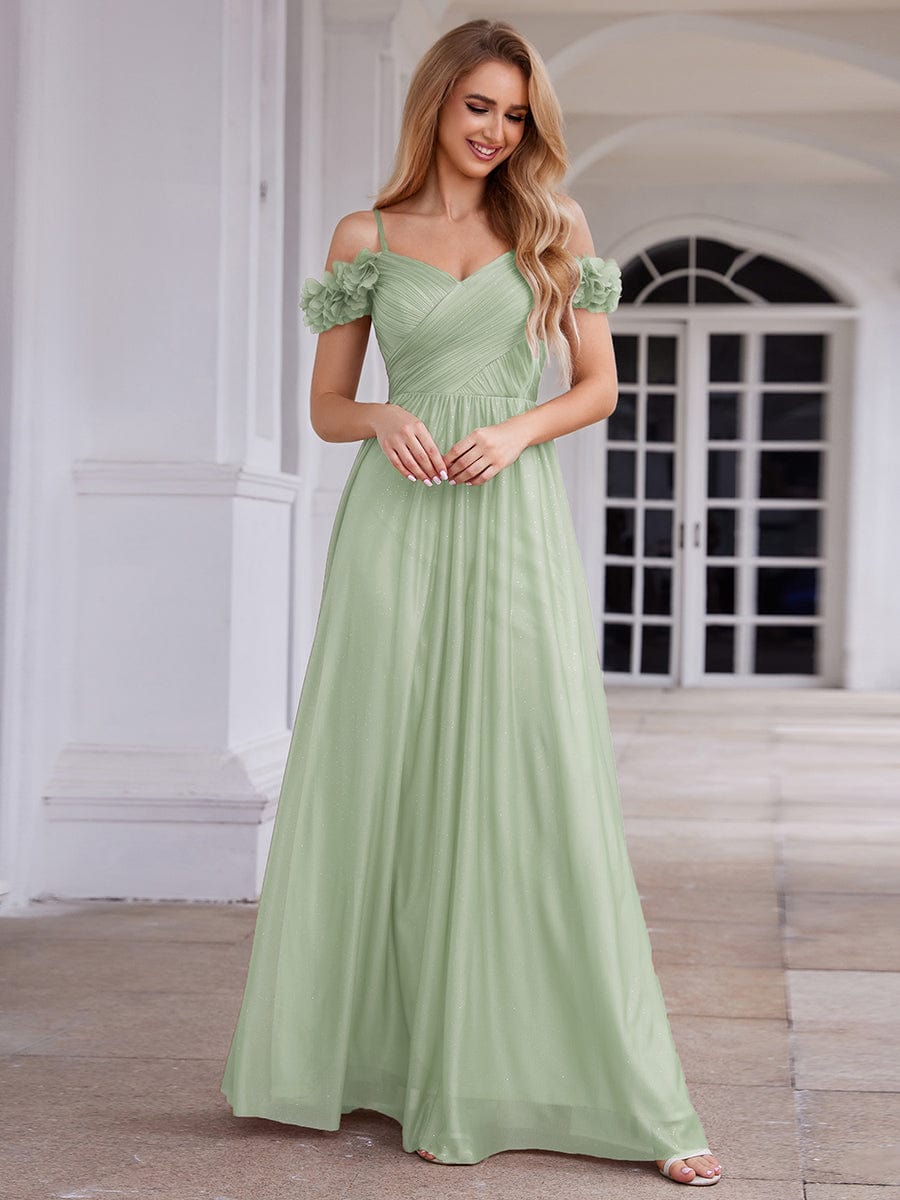 Pleated A-Line Evening Dress with Floral Cold-Shoulder
