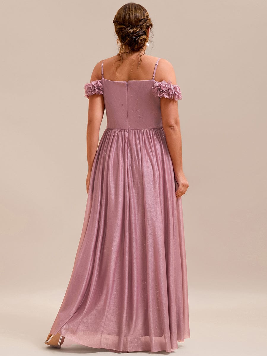 Pleated A-Line Evening Dress with Floral Cold-Shoulder