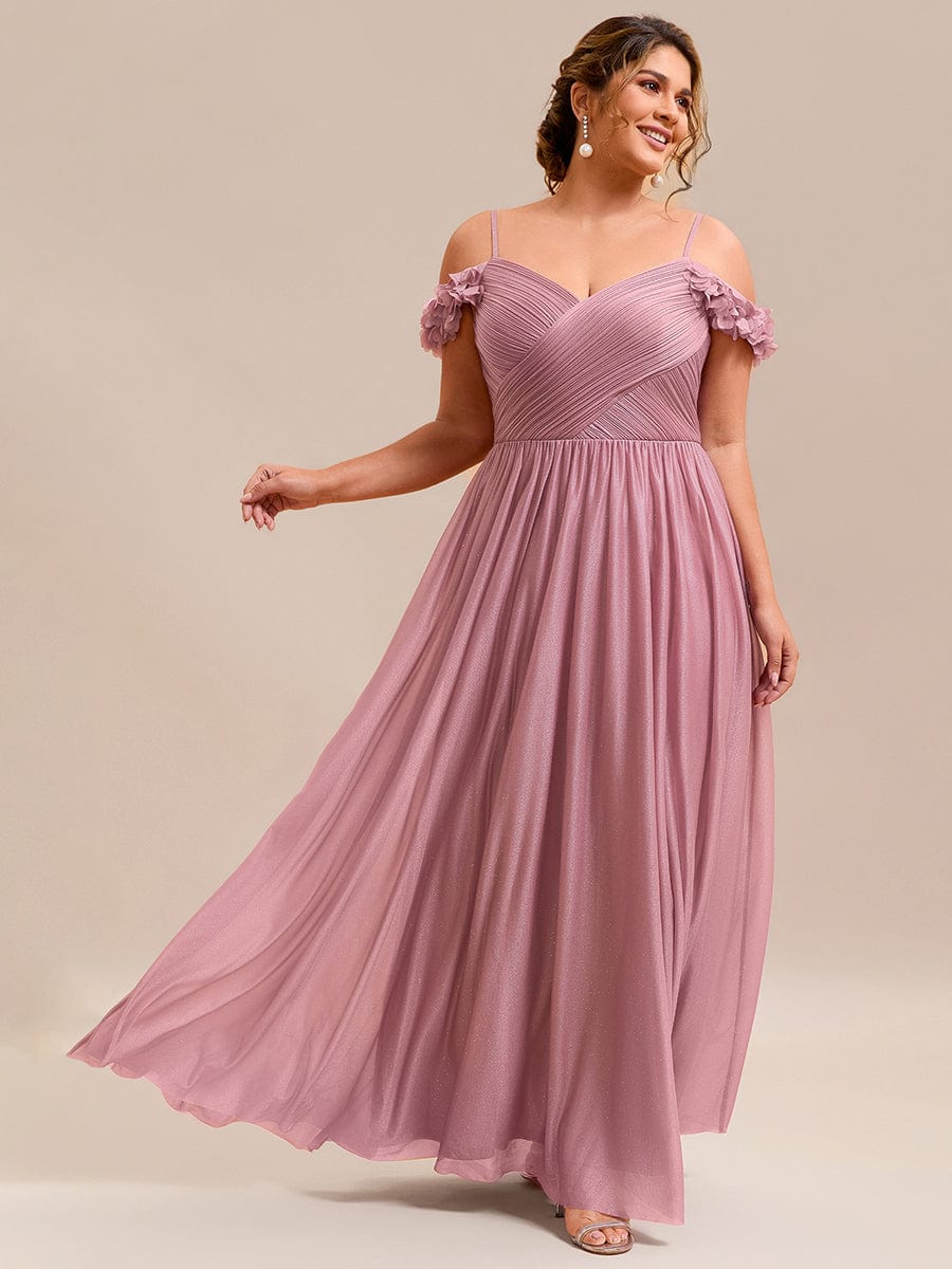 Pleated A-Line Evening Dress with Floral Cold-Shoulder