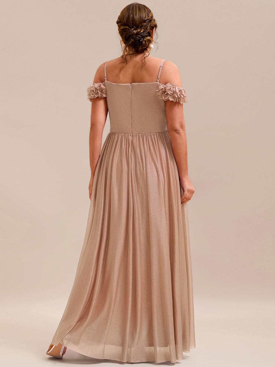 Pleated A-Line Evening Dress with Floral Cold-Shoulder