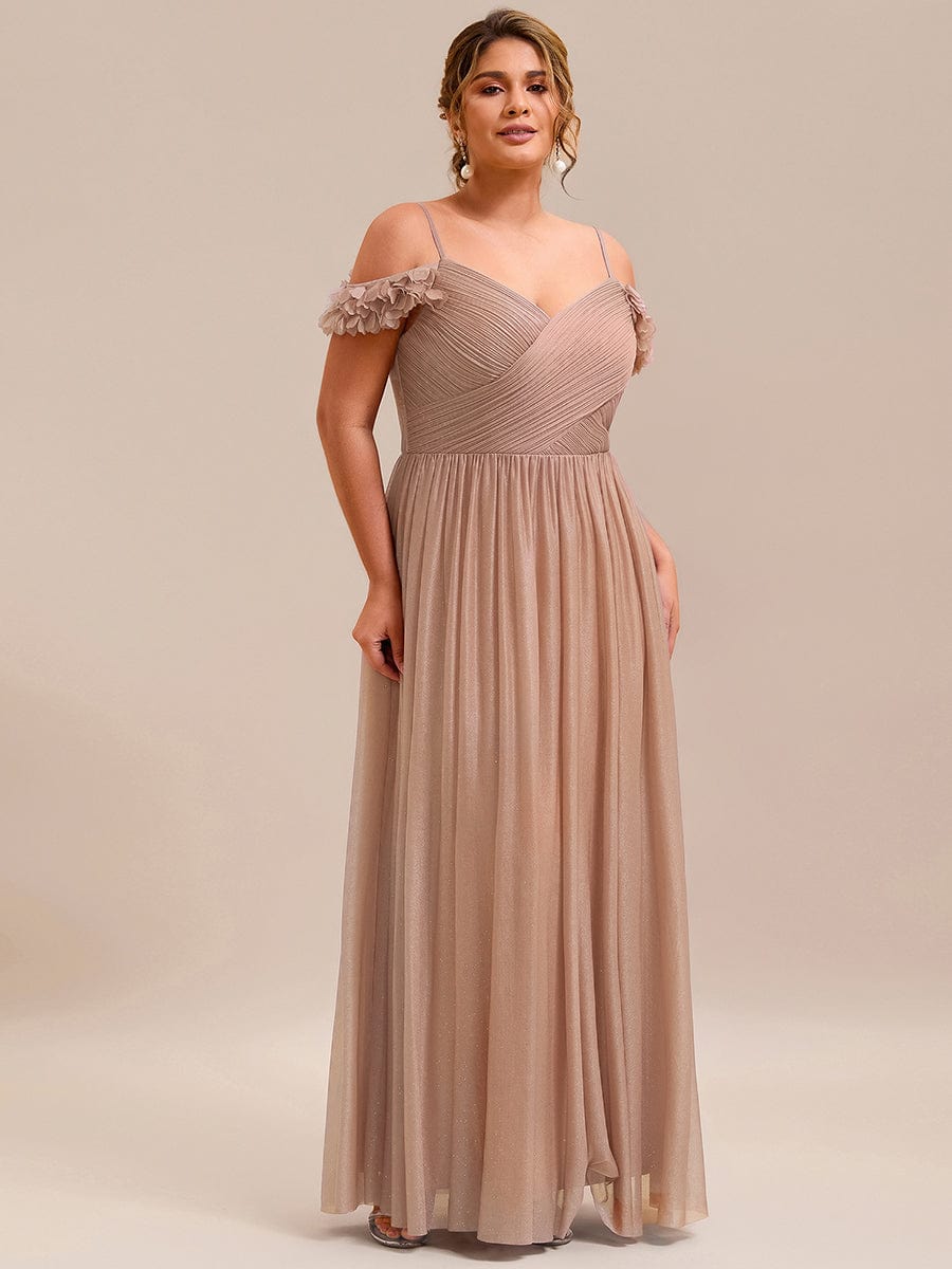 Pleated A-Line Evening Dress with Floral Cold-Shoulder