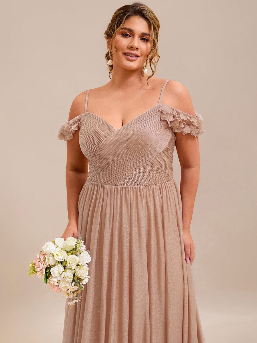 Pleated A-Line Evening Dress with Floral Cold-Shoulder