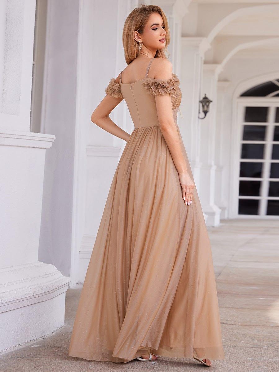 Pleated A-Line Evening Dress with Floral Cold-Shoulder