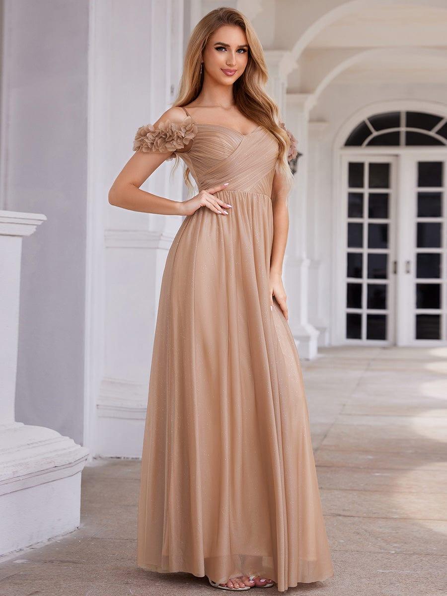 Pleated A-Line Evening Dress with Floral Cold-Shoulder