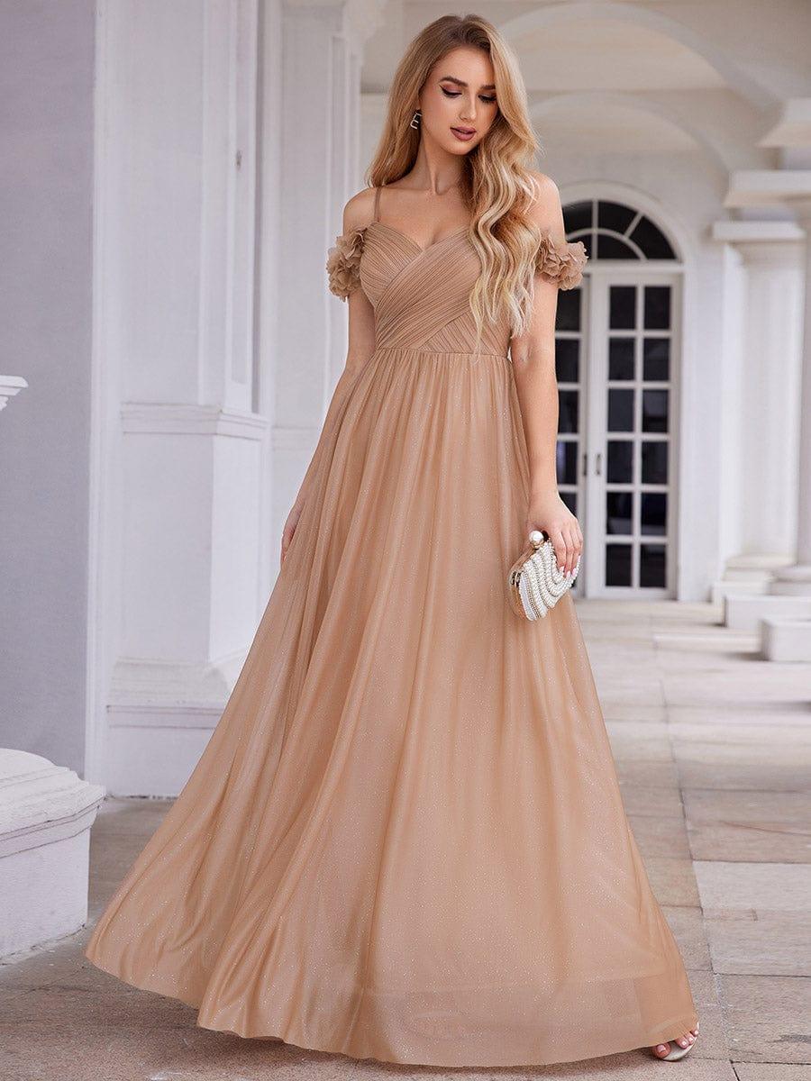 Pleated A-Line Evening Dress with Floral Cold-Shoulder