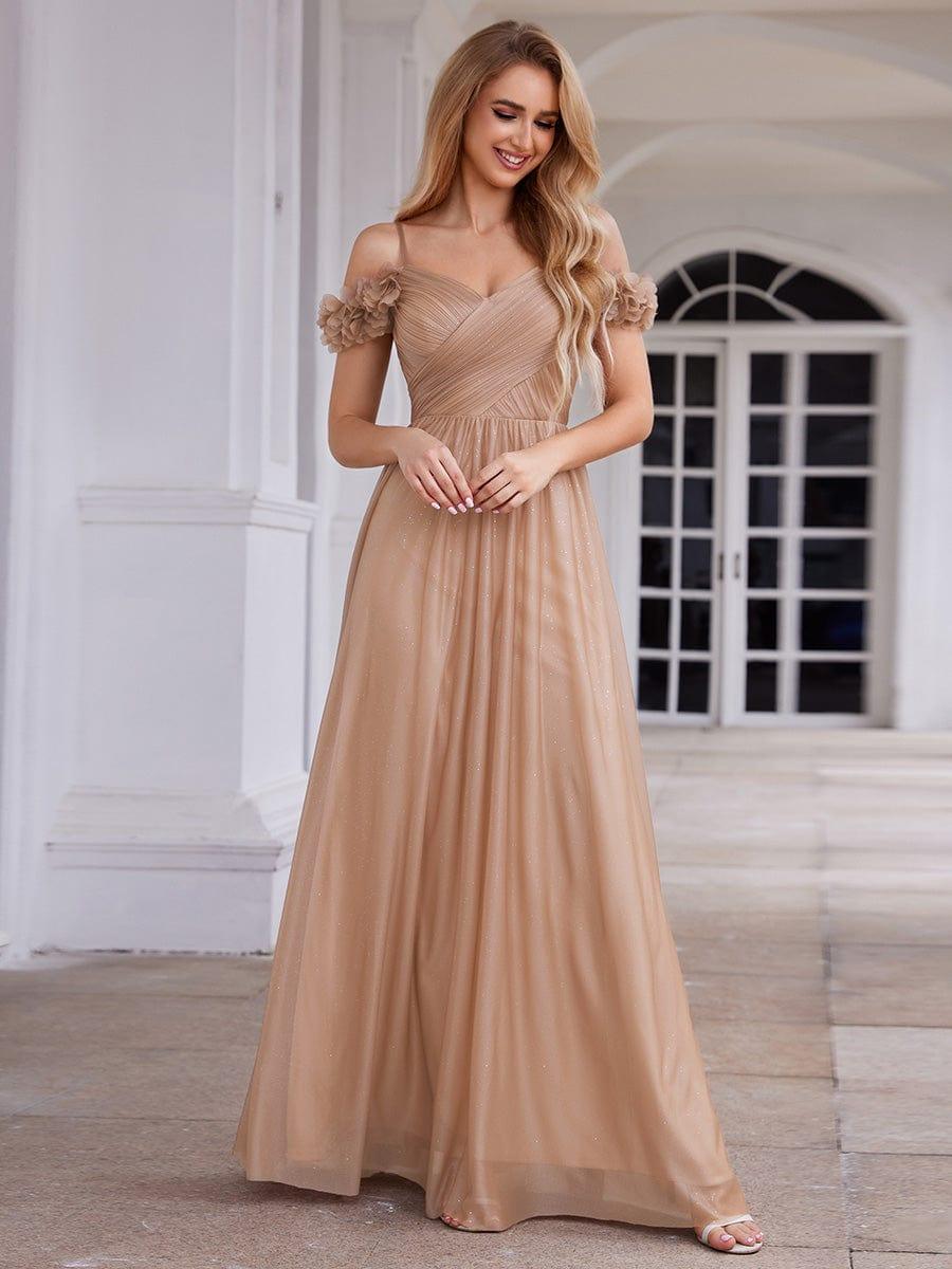 Pleated A-Line Evening Dress with Floral Cold-Shoulder