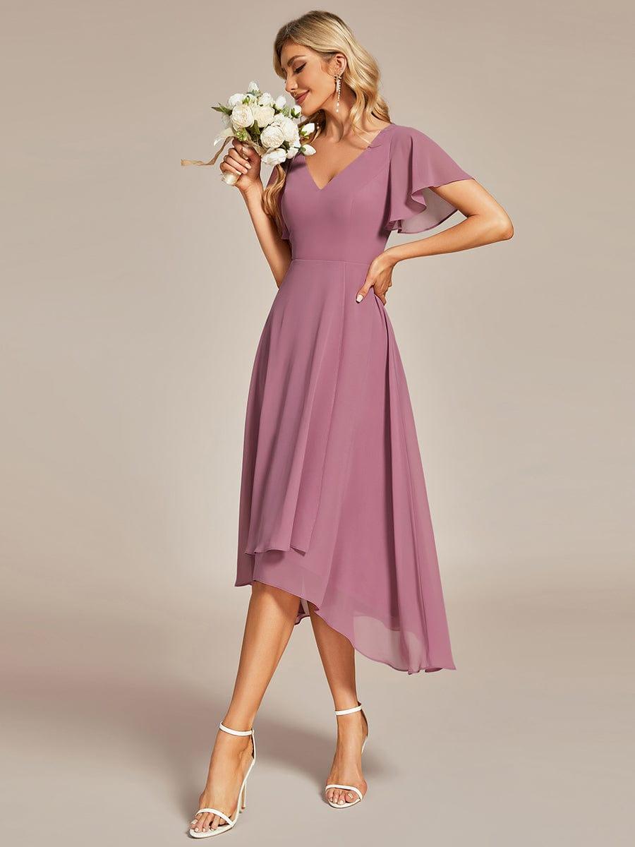 Elegant V-Neck Chiffon Ruffle High-low Bridesmaid Dress