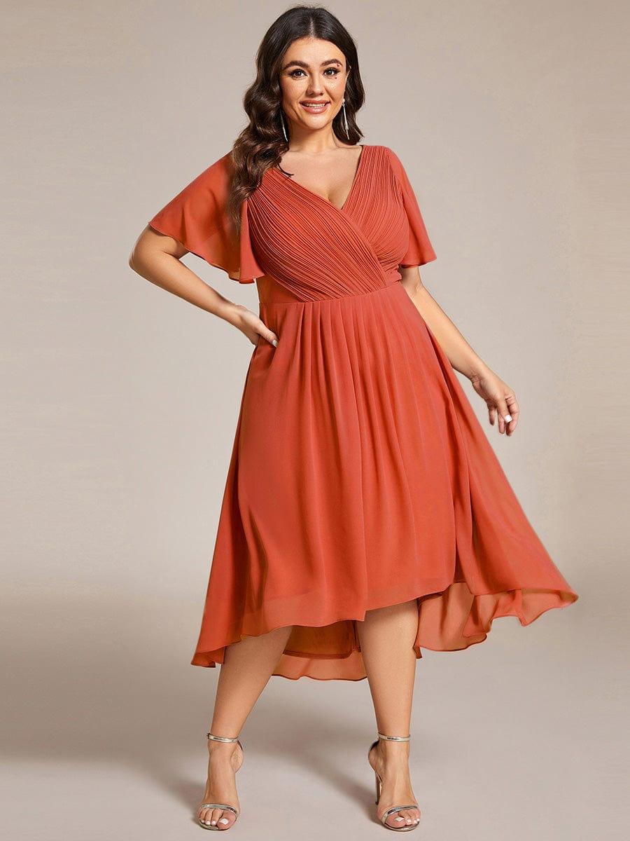 Plus Size V-Neck Pleated Chiffon Midi Wedding Guest Dress