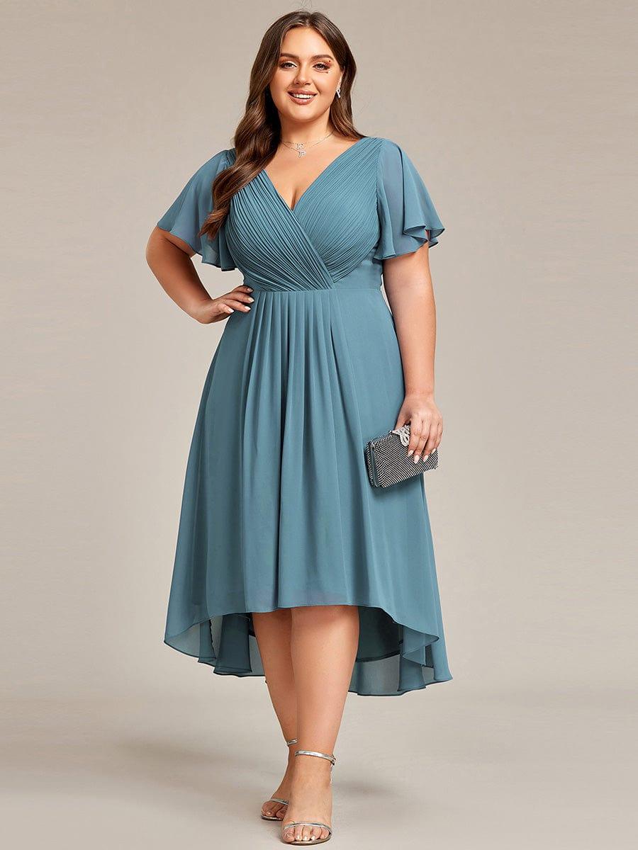 Plus Size V-Neck Pleated Chiffon Midi Wedding Guest Dress
