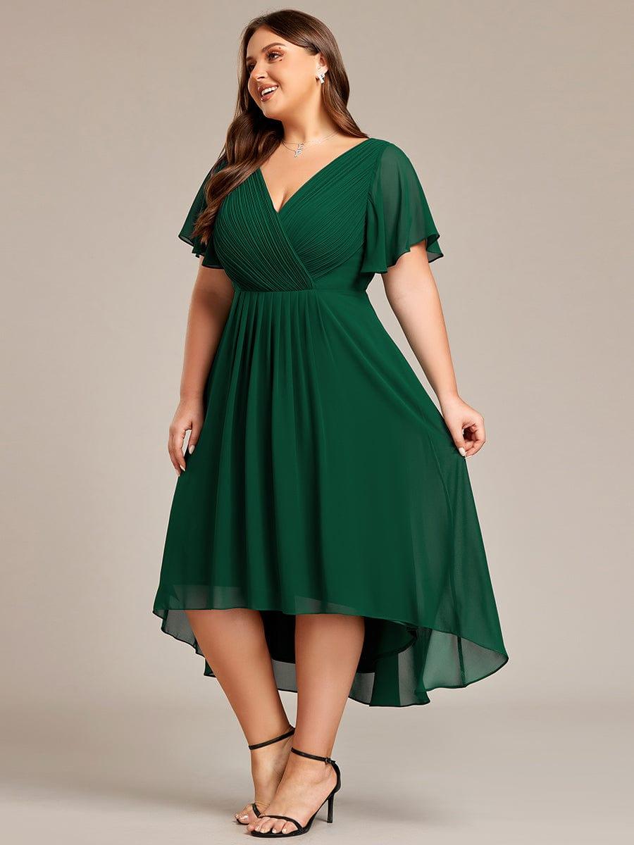 Plus Size Lavender Chiffon A-Line Wedding Guest Dress with Sleeve #color_Dark Green