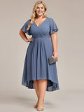 Plus Size V-Neck Pleated Chiffon Midi Wedding Guest Dress#color_Dusty Blue