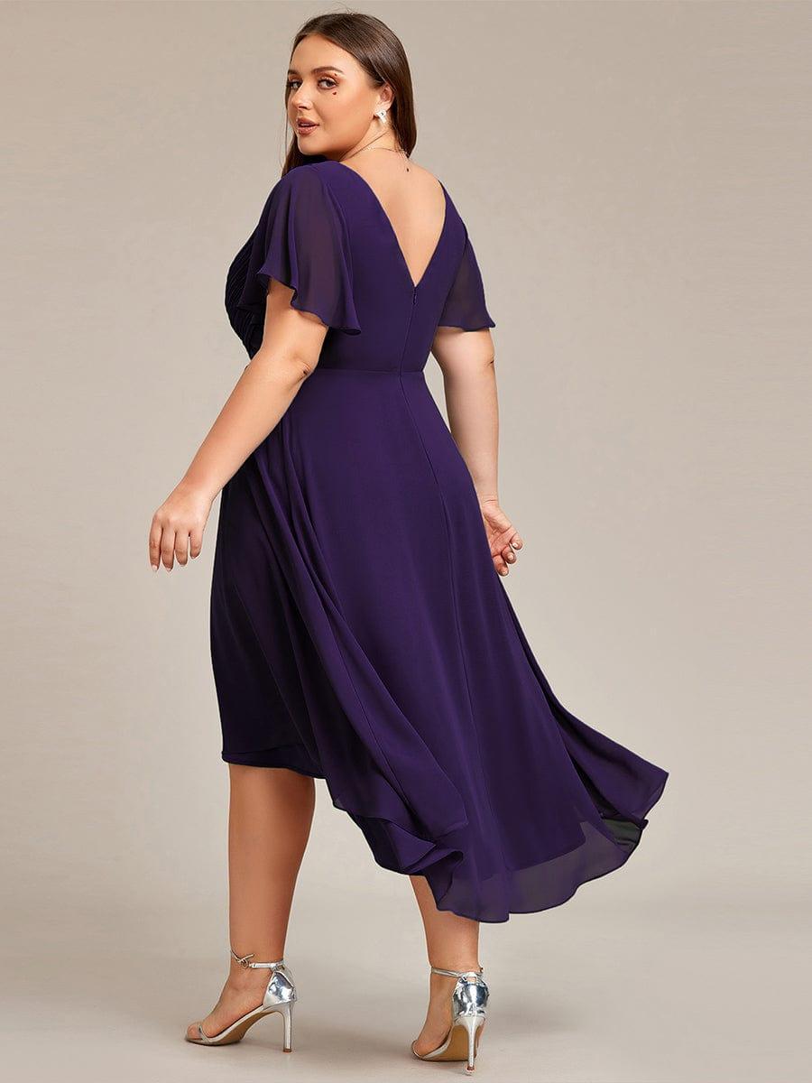Plus Size V-Neck Pleated Chiffon Midi Wedding Guest Dress#color_Dark Purple