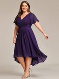 Plus Size V-Neck Pleated Chiffon Midi Wedding Guest Dress #color_Dark Purple
