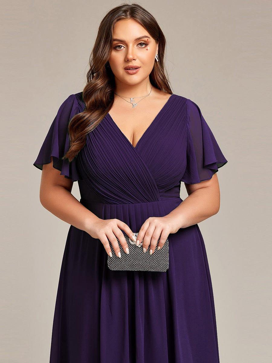 Plus Size V-Neck Pleated Chiffon Midi Wedding Guest Dress#color_Dark Purple