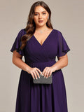 Plus Size V-Neck Pleated Chiffon Midi Wedding Guest Dress#color_Dark Purple