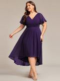 Plus Size V-Neck Pleated Chiffon Midi Wedding Guest Dress#color_Dark Purple