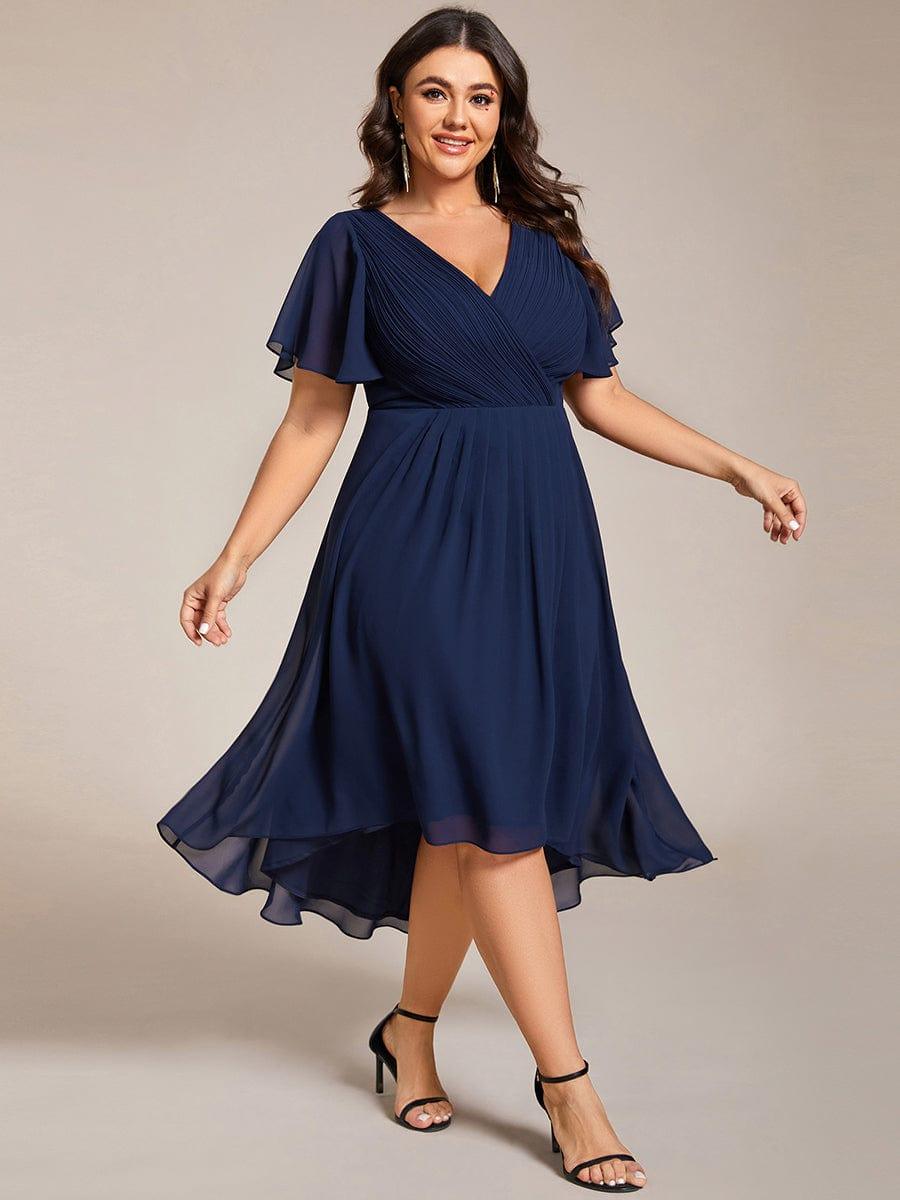 Plus Size Lavender Chiffon A-Line Wedding Guest Dress with Sleeve  #color_Navy Blue