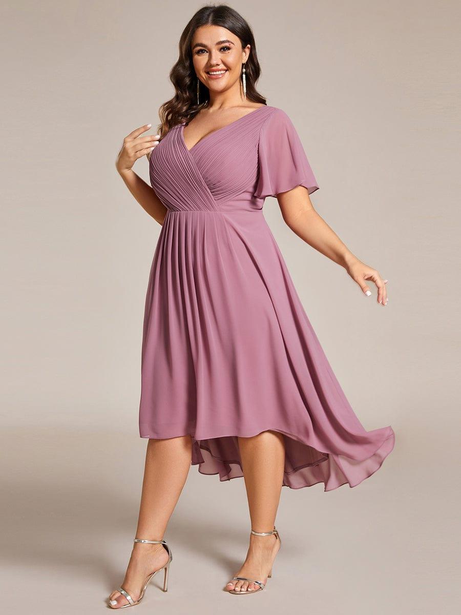Plus Size V-Neck Pleated Chiffon Midi Wedding Guest Dress