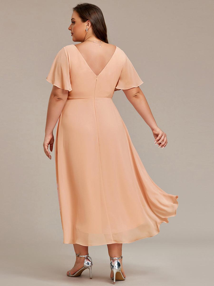 Plus Size V-Neck Pleated Chiffon Midi Wedding Guest Dress#color_Peach