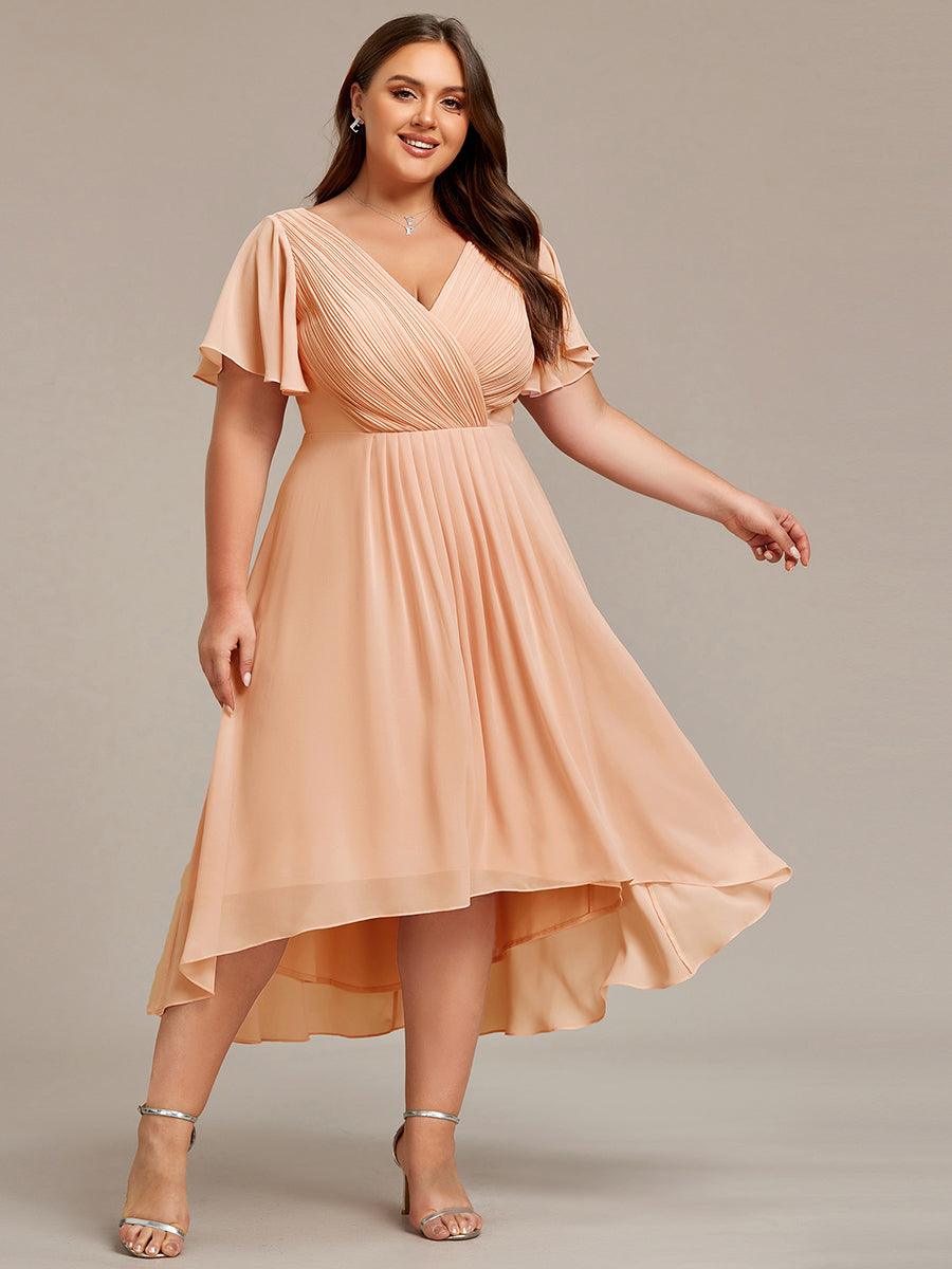 Plus Size V-Neck Pleated Chiffon Midi Wedding Guest Dress#color_Peach