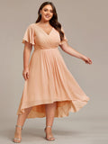 Plus Size V-Neck Pleated Chiffon Midi Wedding Guest Dress#color_Peach