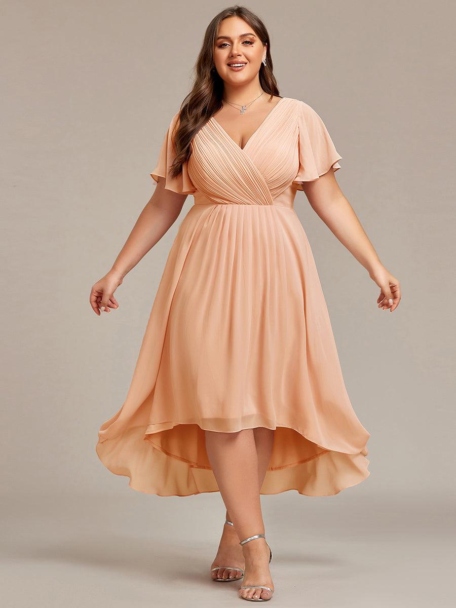 Plus Size V-Neck Pleated Chiffon Midi Wedding Guest Dress#color_Peach