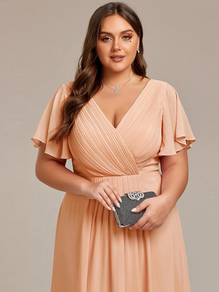 Plus Size V-Neck Pleated Chiffon Midi Wedding Guest Dress#color_Peach