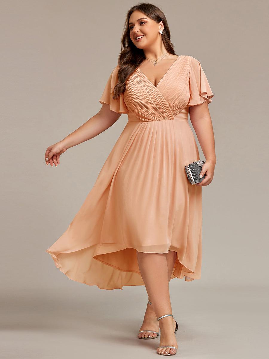 Plus Size V-Neck Pleated Chiffon Midi Wedding Guest Dress#color_Peach