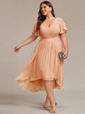 Plus Size V-Neck Pleated Chiffon Midi Wedding Guest Dress#color_Peach