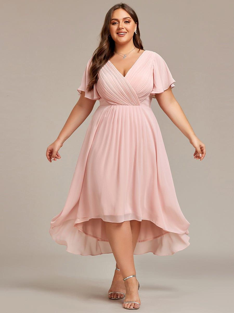 Plus Size V-Neck Pleated Chiffon Midi Wedding Guest Dress#color_Pink