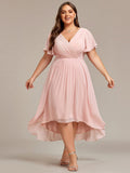 Plus Size V-Neck Pleated Chiffon Midi Wedding Guest Dress#color_Pink