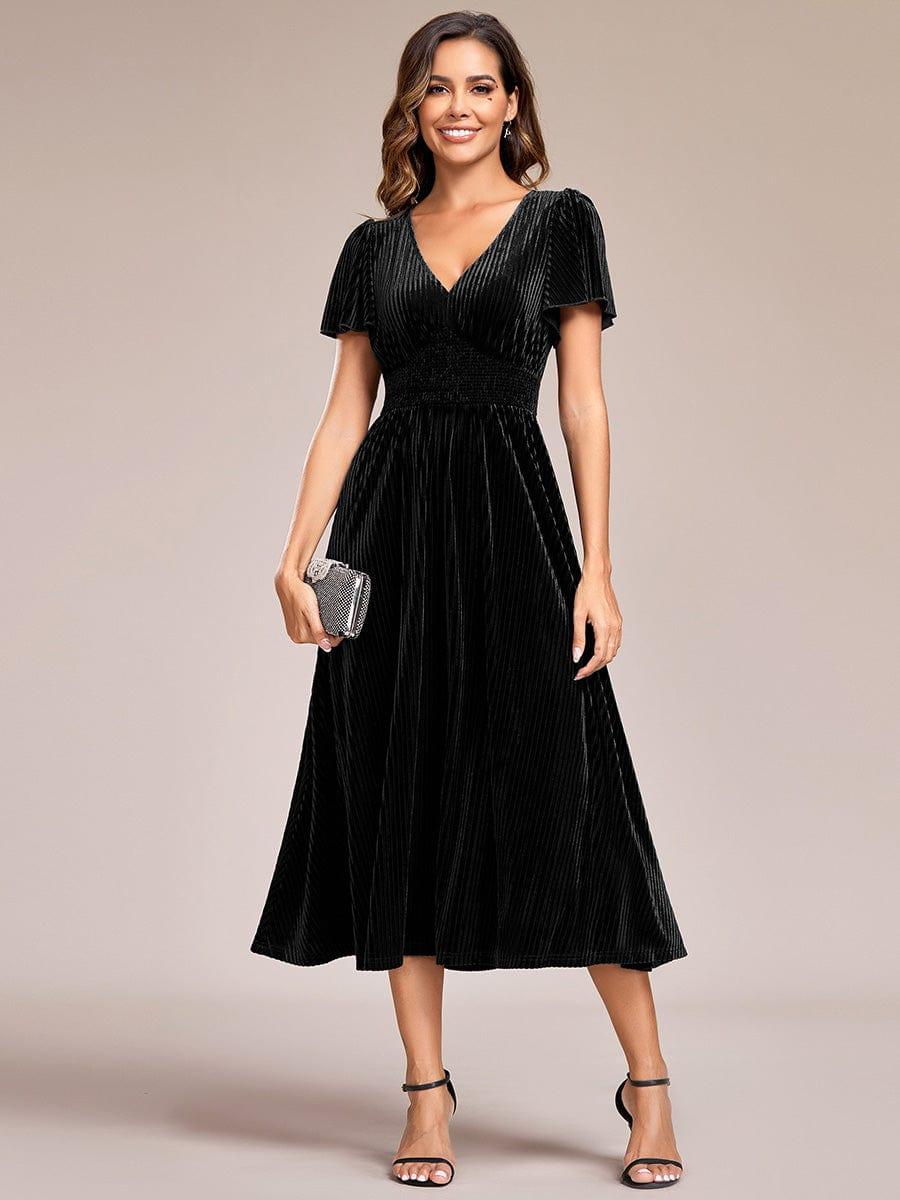 Elegant V-Neck Empire Waist Velvet Wedding Guest Dress