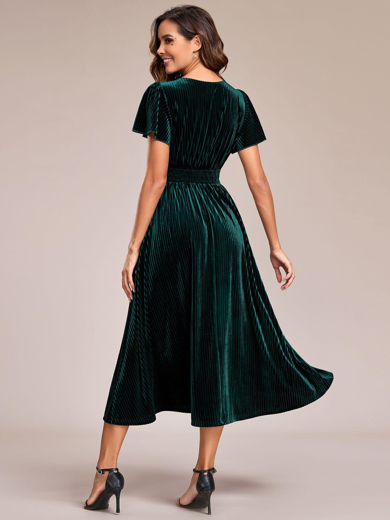 Elegant V-Neck Empire Waist Velvet Wedding Guest Dress