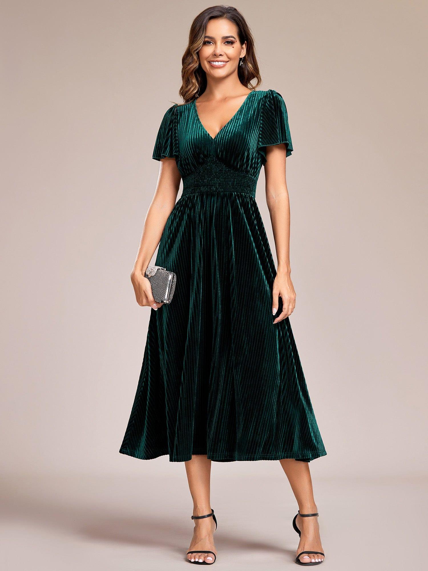 Elegant V-Neck Empire Waist Velvet Wedding Guest Dress