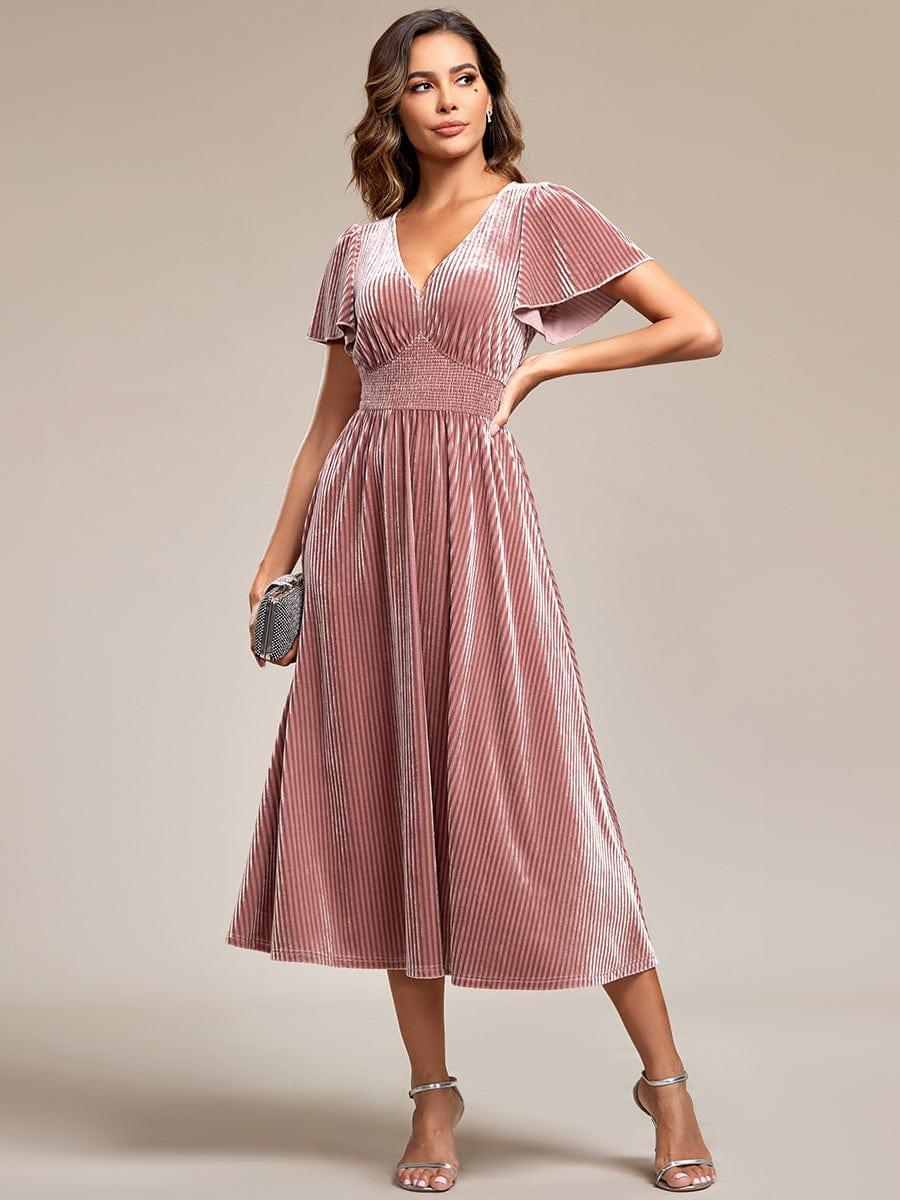 Elegant V-Neck Empire Waist Velvet Wedding Guest Dress