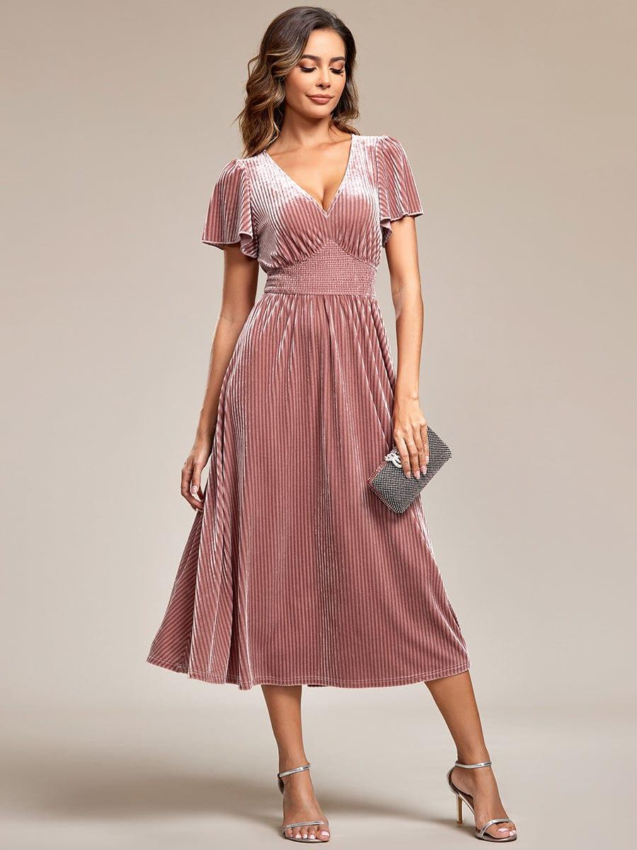 Elegant V-Neck Empire Waist Velvet Midi Bridesmaid Dress