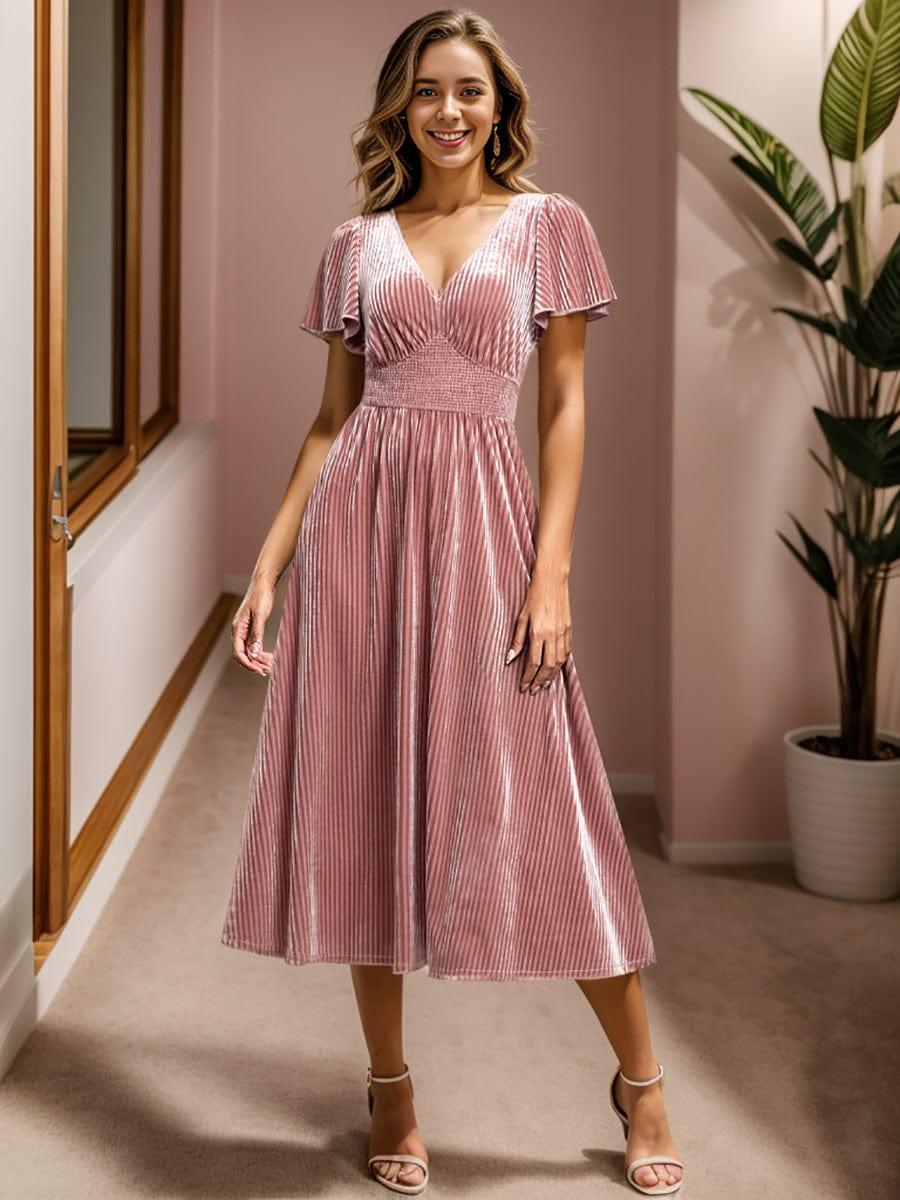 Elegant V-Neck Empire Waist Velvet Midi Bridesmaid Dress