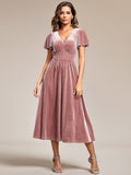 Elegant V-Neck Empire Waist Velvet Midi Bridesmaid Dress